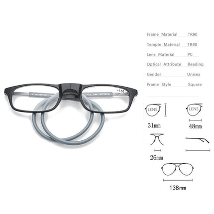 Portable Magnetic Hanging Neck Retractable Reading Glasses +350(Black Frame Gray Legs)-garmade.com