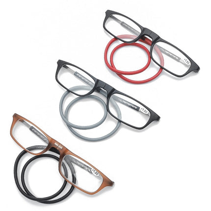 Portable Magnetic Hanging Neck Retractable Reading Glasses +225(Brown Frame Black Legs)-garmade.com