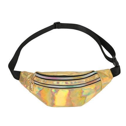Women Punk Laser Glossy PU Double Zipper Chest Bag Casual Waist Bag(Yellow)-garmade.com