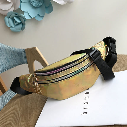 Women Punk Laser Glossy PU Double Zipper Chest Bag Casual Waist Bag(Yellow)-garmade.com