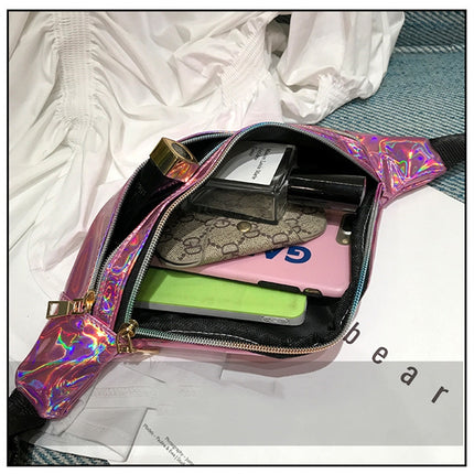 Women Punk Laser Glossy PU Double Zipper Chest Bag Casual Waist Bag(Pink )-garmade.com