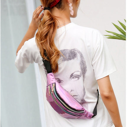 Women Punk Laser Glossy PU Double Zipper Chest Bag Casual Waist Bag(Pink )-garmade.com