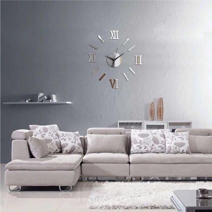 Modern DIY Indoor Roman Wall Clock Mirror Effect 3D Wall Sticker(Silver)-garmade.com