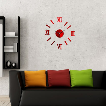 Modern DIY Indoor Roman Wall Clock Mirror Effect 3D Wall Sticker(Red)-garmade.com