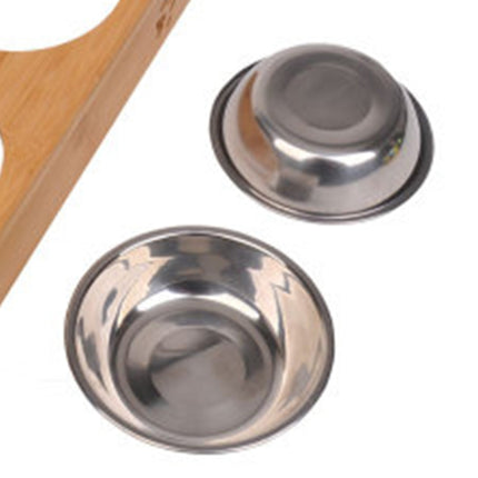 Cat Dog Pet Stainless Steel Feeding and Drinking Bowls Combination With Bamboo Frame, Size:L-garmade.com