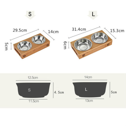 Cat Dog Pet Stainless Steel Feeding and Drinking Bowls Combination With Bamboo Frame, Size:L-garmade.com