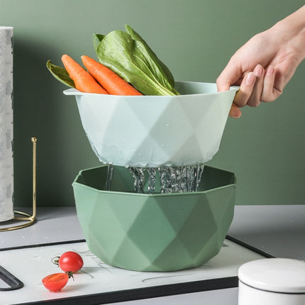 Double-layer Hollow Drain Basket Household Plastic Multi-function Washing Vegetables and Fruit Dishes, Size:Large(Green)-garmade.com