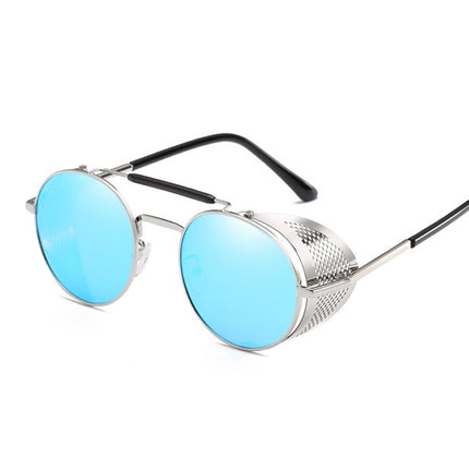 Retro Round Metal Sunglasses Unisex Design UV Protection Glasses(Silver+Blue)-garmade.com