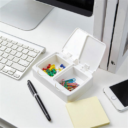 Double Grid Desktop Key-type Storage Box Household Small Objects Dustproof Storage Box with Lid(White)-garmade.com
