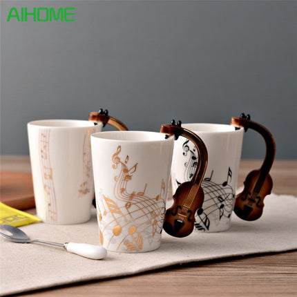 Guitar Ceramic Cup Personality Music Note Milk Juice Lemon Mug Coffee Tea Cup Home Office Drinkware Unique Gift(Violin Five Line)-garmade.com