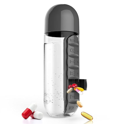 600ML Plastic Water Bottle with Daily Pill Box Organizer Drinking Bottles(Black)-garmade.com
