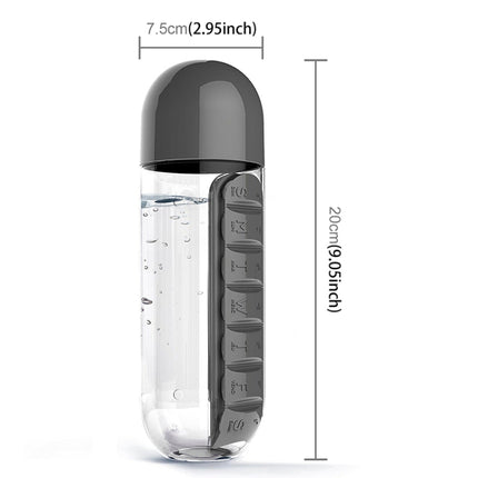 600ML Plastic Water Bottle with Daily Pill Box Organizer Drinking Bottles(Black)-garmade.com