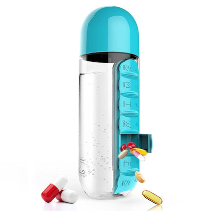 600ML Plastic Water Bottle with Daily Pill Box Organizer Drinking Bottles(Blue)-garmade.com