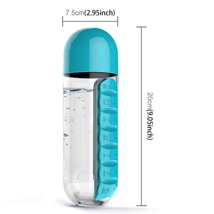 600ML Plastic Water Bottle with Daily Pill Box Organizer Drinking Bottles(Blue)-garmade.com