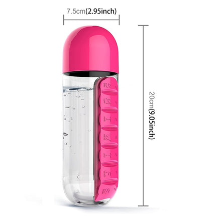 600ML Plastic Water Bottle with Daily Pill Box Organizer Drinking Bottles(Rose Red)-garmade.com