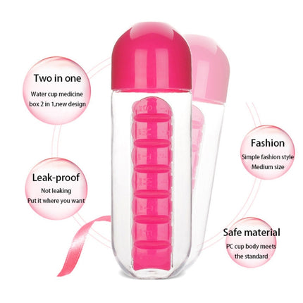 600ML Plastic Water Bottle with Daily Pill Box Organizer Drinking Bottles(Rose Red)-garmade.com