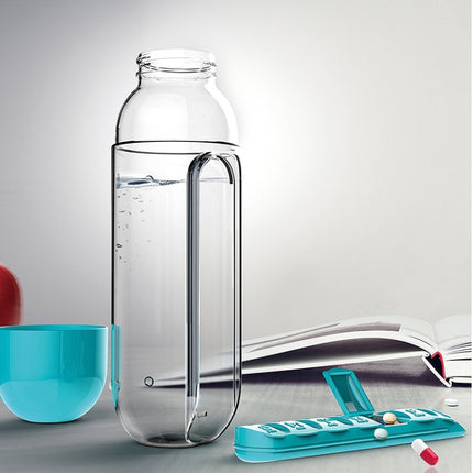 600ML Plastic Water Bottle with Daily Pill Box Organizer Drinking Bottles(Blue)-garmade.com