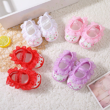 Baby Lace Bow Soft Bottom Shoes, Size:13(Lace Pink)-garmade.com
