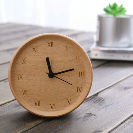 Simple Home Study Solid Wood Decorative Bedside Beech Alarm Clock(Round Greek)-garmade.com