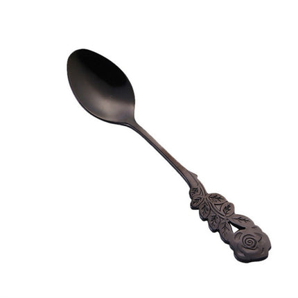 Small Mini Stainless Steel Rose Flower Coffee Spoon Strring Spoon Teaspoon Tea Spoon Dessert Spoon Long Handle Tableware(Black Gold)-garmade.com