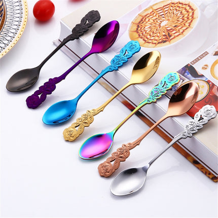 Small Mini Stainless Steel Rose Flower Coffee Spoon Strring Spoon Teaspoon Tea Spoon Dessert Spoon Long Handle Tableware(Black Gold)-garmade.com