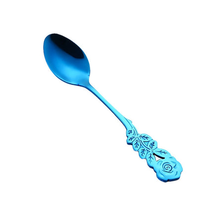 Small Mini Stainless Steel Rose Flower Coffee Spoon Strring Spoon Teaspoon Tea Spoon Dessert Spoon Long Handle Tableware(Blue)-garmade.com