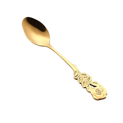 Small Mini Stainless Steel Rose Flower Coffee Spoon Strring Spoon Teaspoon Tea Spoon Dessert Spoon Long Handle Tableware(Titanium Gold)-garmade.com