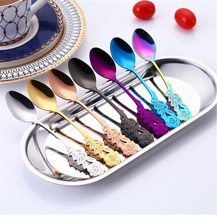 Small Mini Stainless Steel Rose Flower Coffee Spoon Strring Spoon Teaspoon Tea Spoon Dessert Spoon Long Handle Tableware(Titanium Gold)-garmade.com