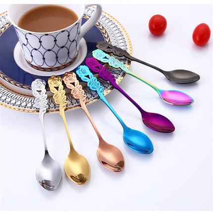 Small Mini Stainless Steel Rose Flower Coffee Spoon Strring Spoon Teaspoon Tea Spoon Dessert Spoon Long Handle Tableware(Titanium Gold)-garmade.com