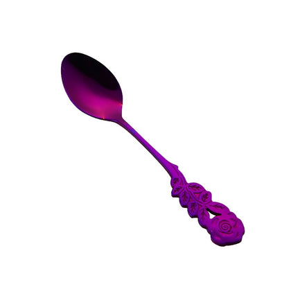 Small Mini Stainless Steel Rose Flower Coffee Spoon Strring Spoon Teaspoon Tea Spoon Dessert Spoon Long Handle Tableware(Purple)-garmade.com