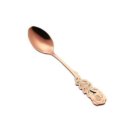 Small Mini Stainless Steel Rose Flower Coffee Spoon Strring Spoon Teaspoon Tea Spoon Dessert Spoon Long Handle Tableware(Rose Gold)-garmade.com
