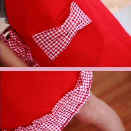 Sleeveless Bow Lace Apron with Pocket(Red White Grid on Black)-garmade.com