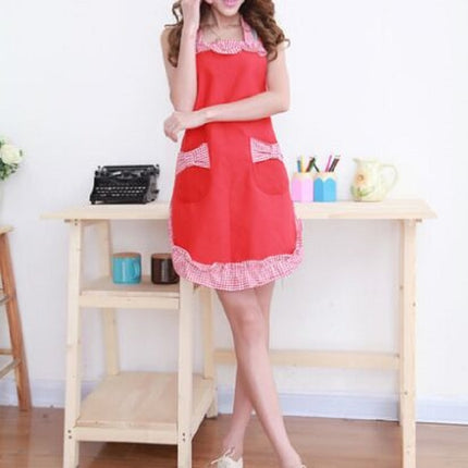 Sleeveless Bow Lace Apron with Pocket(Red White Grid on Red)-garmade.com