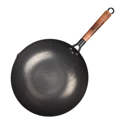 32cm with Wooden Cover Vintage Traditional Handmade Uncoated Wok Pan-garmade.com