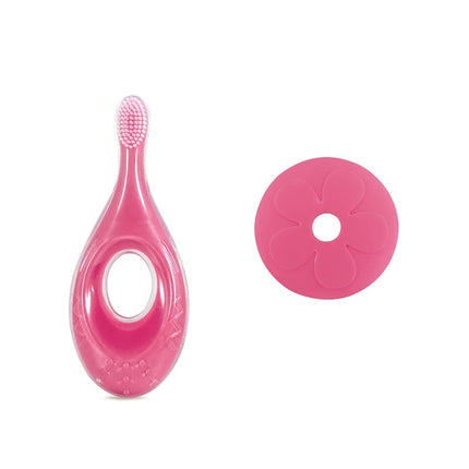 2-in-1 Baby Silicone Toothbrush Creative Baby Soft Hair Short Handle Short Neck Protector(Rose Red)-garmade.com