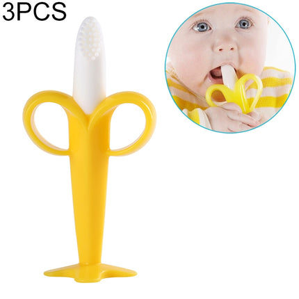 3 PCS Baby Silicone Training Toothbrush Banana Shape Safe Toddle Teether Chew Toys Teething Ring Gift for Infant Baby Chewing(Yellow-B)-garmade.com