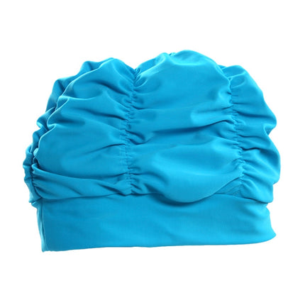 Women Earmuffs Pleated Cloth Swimming Cap(Lake Blue)-garmade.com
