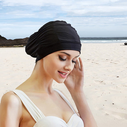 Women Earmuffs Pleated Cloth Swimming Cap(Lake Blue)-garmade.com