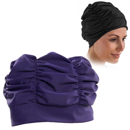 Women Earmuffs Pleated Cloth Swimming Cap(Purple)-garmade.com