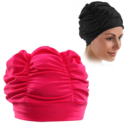 Women Earmuffs Pleated Cloth Swimming Cap(Rose)-garmade.com