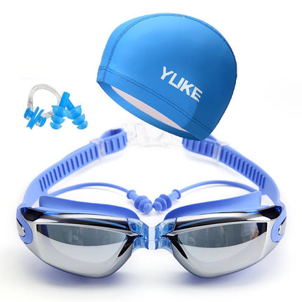 3 in 1 HD Waterproof and Anti-fog Large Frame Siamese Earplugs Swimming Goggles + Swimming Cap + Nose Clip Set for Men and Women(Blue)-garmade.com