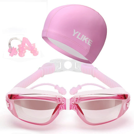 3 in 1 HD Waterproof and Anti-fog Large Frame Siamese Earplugs Swimming Goggles + Swimming Cap + Nose Clip Set for Men and Women(Pink)-garmade.com