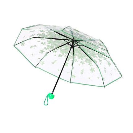 Cherry Blossom Transparent Triple-fold Umbrella Individual Folding Umbrella(Green)-garmade.com
