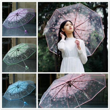 Cherry Blossom Transparent Triple-fold Umbrella Individual Folding Umbrella(Blue)-garmade.com