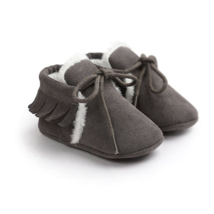 Baby Moccasins Shoes Fringe Soft Soled Non-slip Footwear Crib Shoes PU Suede Leather First Walker Shoes(Dark Grey)-garmade.com