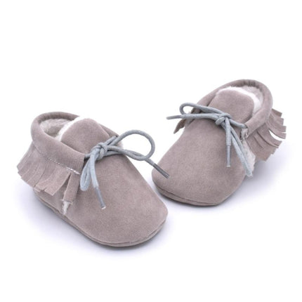 Baby Moccasins Shoes Fringe Soft Soled Non-slip Footwear Crib Shoes PU Suede Leather First Walker Shoes(Grey)-garmade.com