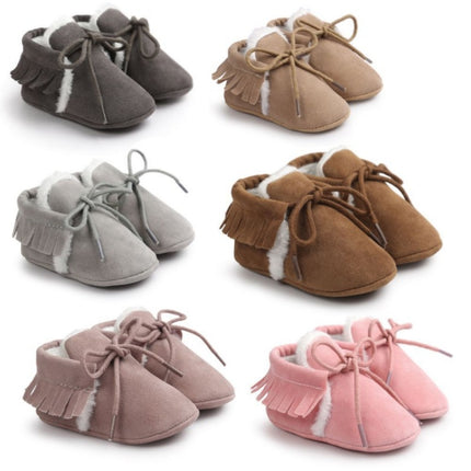 Baby Moccasins Shoes Fringe Soft Soled Non-slip Footwear Crib Shoes PU Suede Leather First Walker Shoes(Grey)-garmade.com