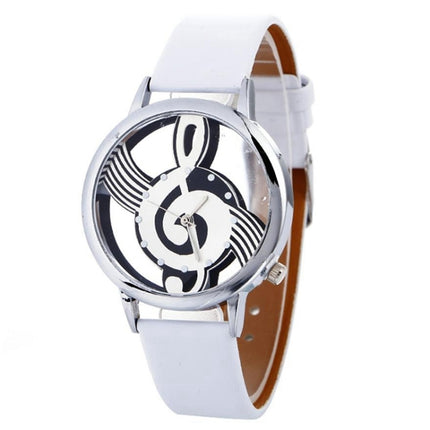 Musical Notation Shaped Dial Leather Belt Quartz Watch for Women / Men(white)-garmade.com