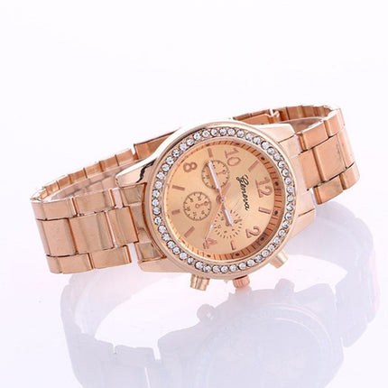Women Alloy Diamond Stainless Steel Belt Watch(Gold with Diamond)-garmade.com