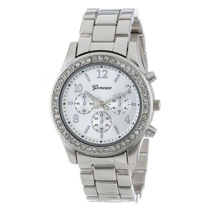 Women Alloy Diamond Stainless Steel Belt Watch(Silver with Diamond)-garmade.com